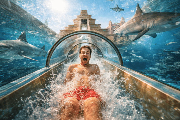 a person sliding down the famous Leap of Faith slide at Aquaventure Waterpark