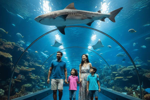 Happy family walking through Dubai Aquarium tunnel
