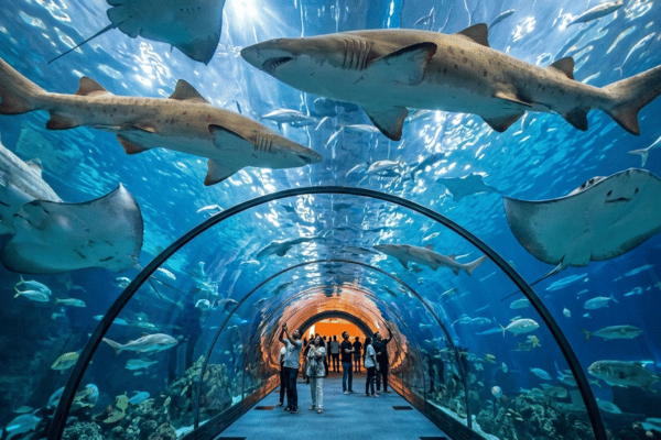 Dubai Aquarium tunnel at Dubai Mall, massive sharks and stingrays swimming overhead and around visitors