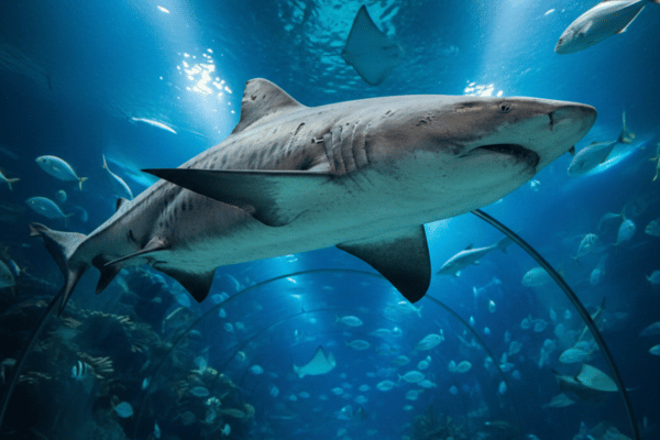 Happy family walking through Dubai Aquarium tunnel