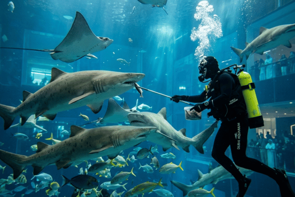 Professional scuba diver feeding sharks inside Dubai Aquarium tank