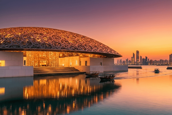 Golden hour sunset view of Louvre Abu Dhabi