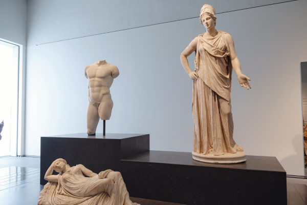 ancient marble sculpture displayed inside Louvre Abu Dhabi,
