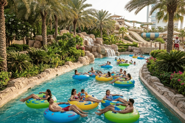 People relaxing on inflatable tubes in lazy river at Wild Wadi Waterpark
