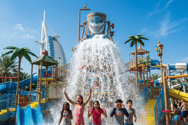 Children playing under giant tipping water bucket at Wild Wadi Waterpark