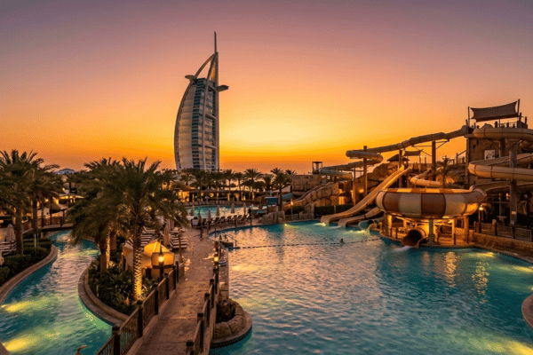 Wild Wadi Waterpark Dubai at sunset, golden hour lighting