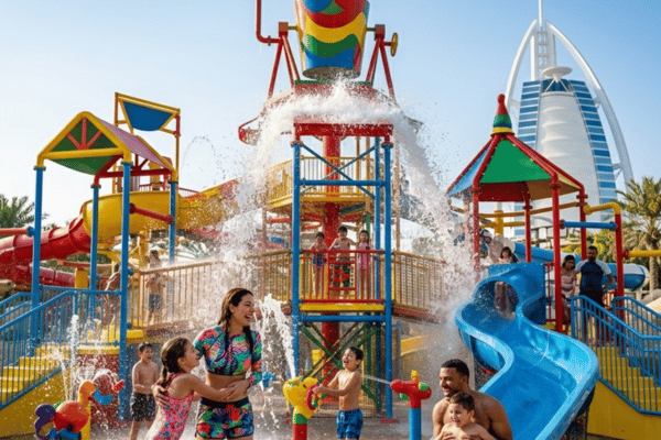 Happy family with children playing in Wild Wadi kids splash zone